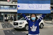 A Leafs fan holds up a sign outside of the entrance at the Scotiabank Arena on Monday May 31, 2021. VERONICA HENRI/TORONTO SUN