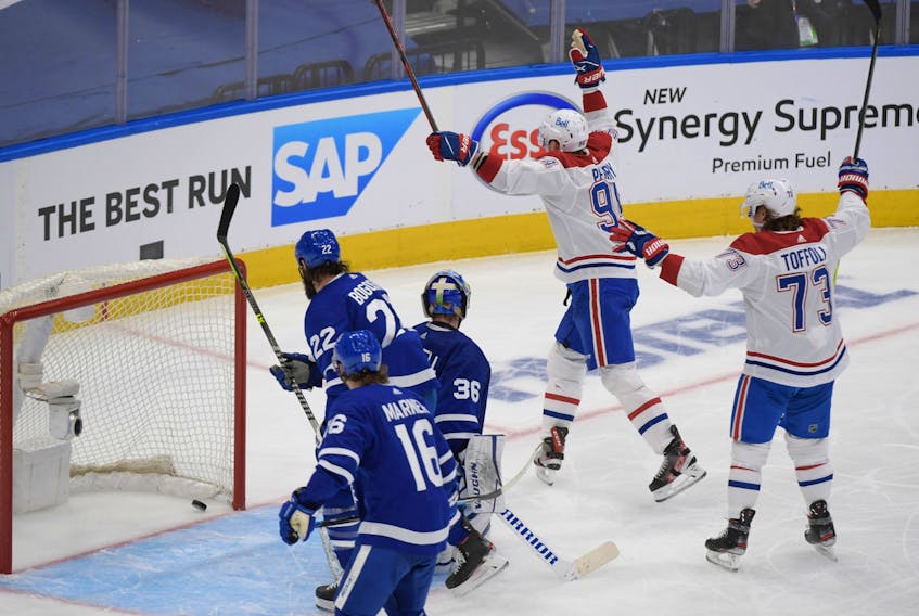 Montreal Canadiens forward Corey Perry celebrates after scoring against the Maple Leafs in Game 7 of their first-round series at Scotiabank Arena on Monday, May 31, 2021. 