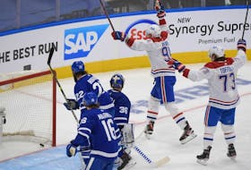 Canadiens forward Corey Perry (94) celebrates after scoring against the Toronto Maple Leafs in Game 7 of the first round of the 2021 Stanley Cup Playoffs at Scotiabank Arena in Toronto on Monday, May 31, 2021.