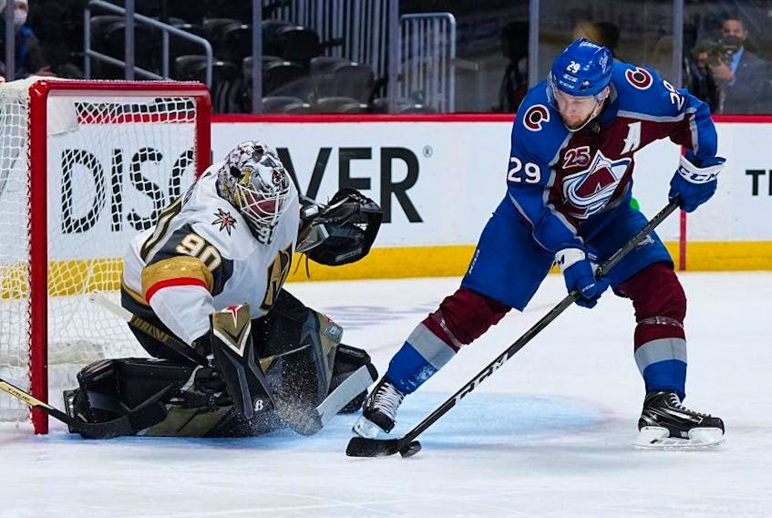 Colorado Avalanche centre Nathan MacKinnon had two goals, an assist and eight shots in Sunday’s 7-1 win over Vegas. Heading into Monday, he was tied for the playoff points lead with Nikita Kucherov, who has played two more games. USA TODAY Sports
