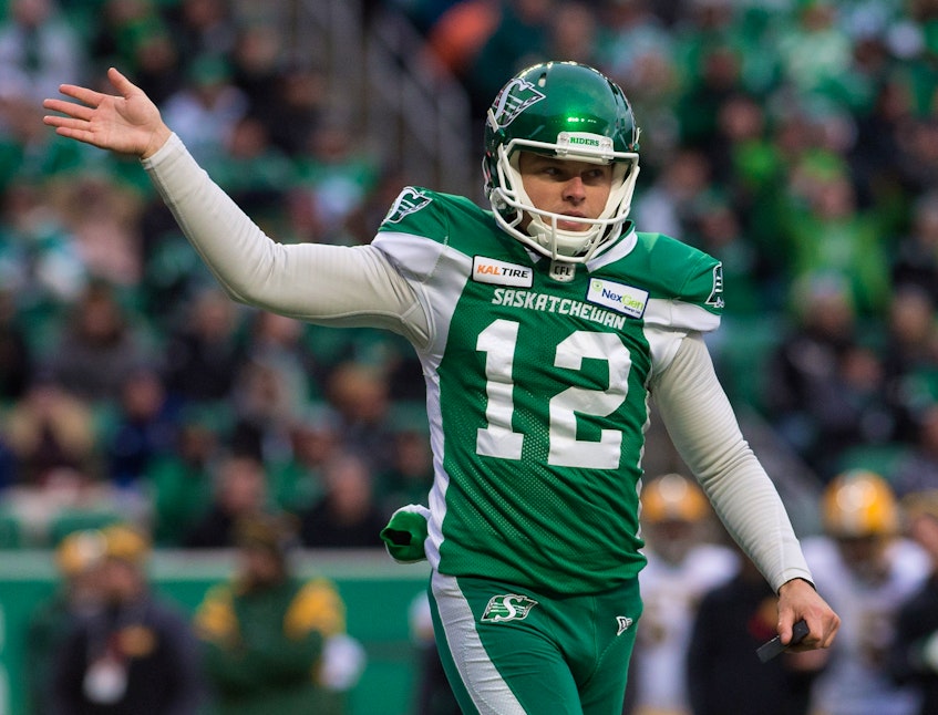 Saskatchewan Roughriders kicker Brett Lauther of Truro waves to the crowd after successfully making his fifth field goal attempt of the game against the Edmonton Eskimos on Nov. 2, 2019, at Mosaic Stadium. Brandon Harder / Postmedia