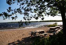 FOR NEWS STORY:
Empty picnic tables areseen on the beach at Oakfield Park in Grand Lake....the lake is now closed to all boating, fishing, swimming etc....for CAMPBELL STORY.