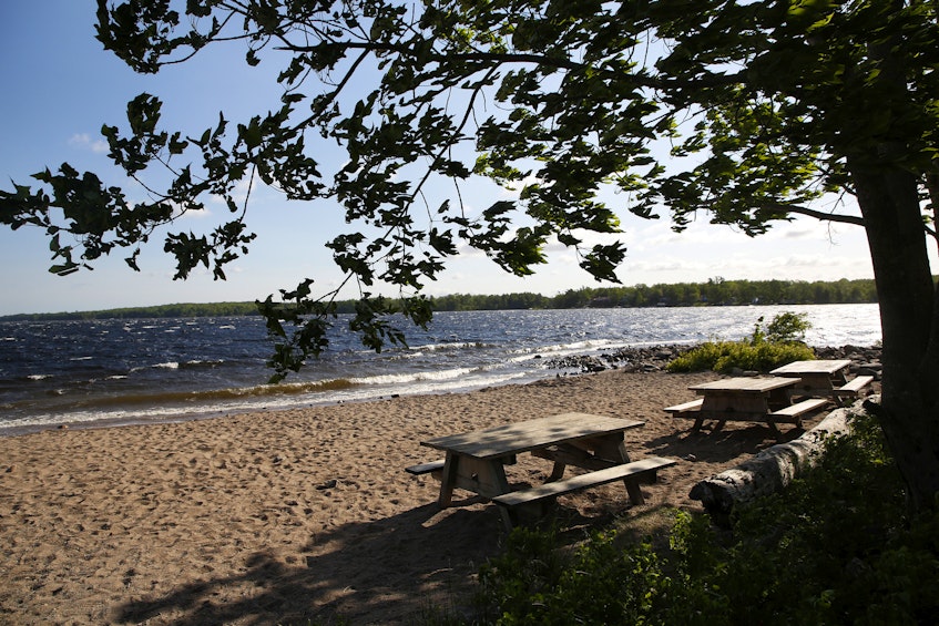 Empty picnic tables are seen on the beach at Oakfield provincial park in Grand Lake last week. - Tim  Krochak