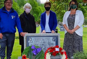 Cecil Snow of the Florence Legion, Eileen Romeo and her sister Evelyn MacDougall with Councillor Earlene MacMullin. 
Eileen and Evelyn lost their father in 1947 to a mining accident in the community and have been organizing a memorial at this site in Florence for the past 22 years.