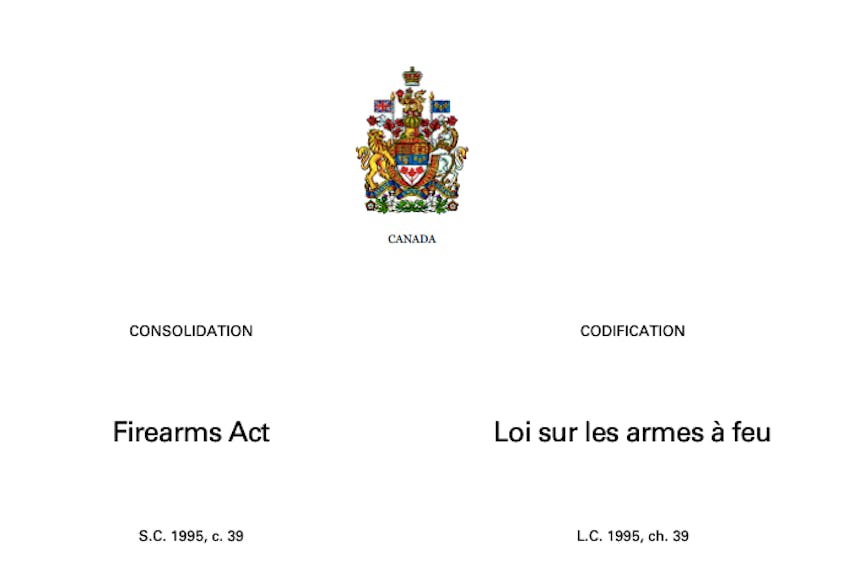 The Firearms Act governs ownership, licensing and transfer of firearms in Canada. Image from laws-lois.justice.gc.ca.