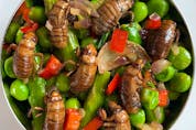 Cicadas in a menu offering that includes other spring ingredients such as asparagus and peas.