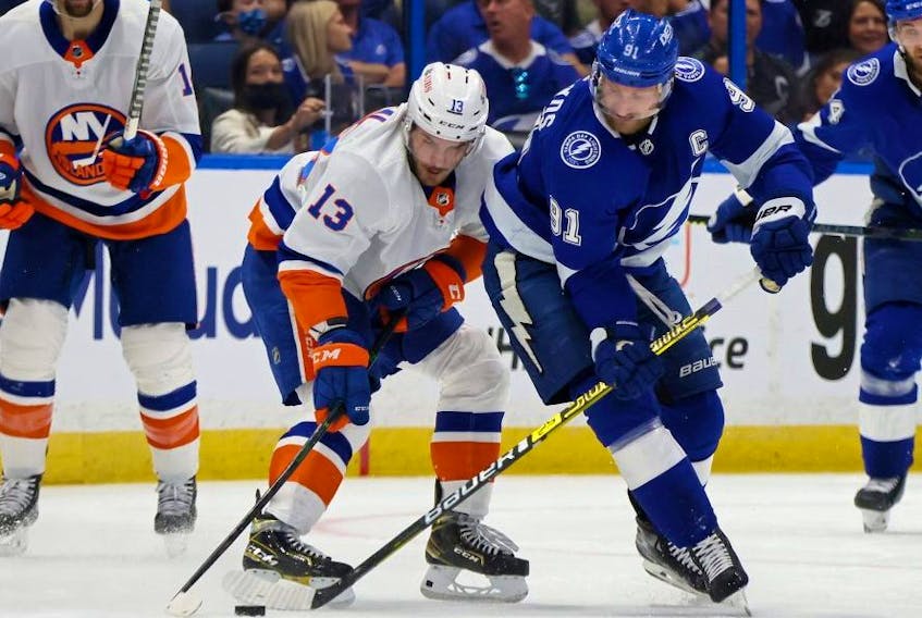 In Game 2 at Amalie Arena, the changes that must come for the Lightning are pretty simple. Turnovers such as the one by captain Steven Stamkos (right) that led to a Mathew Barzal goal for the Islanders (left) in Game 1 can’t happen.  Getty Images