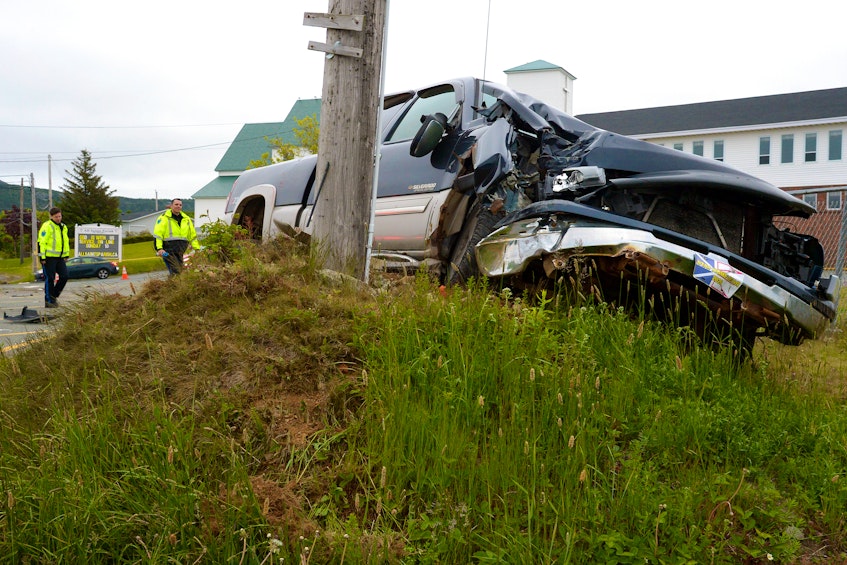 One man suffered only minor injuries after the pickup he was driving cracked a utility pole in C.B.S. Wednesday night. Keith Gosse/The Telegram