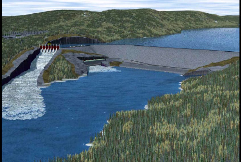This image, created for Nalcor and included in a 2012 report "Gull Island: Why not develop Gull Island first?" shows a proposed dam  and hydroelectric development on the Churchill River in Labrador. — Nalcor/Department of Natural Resources