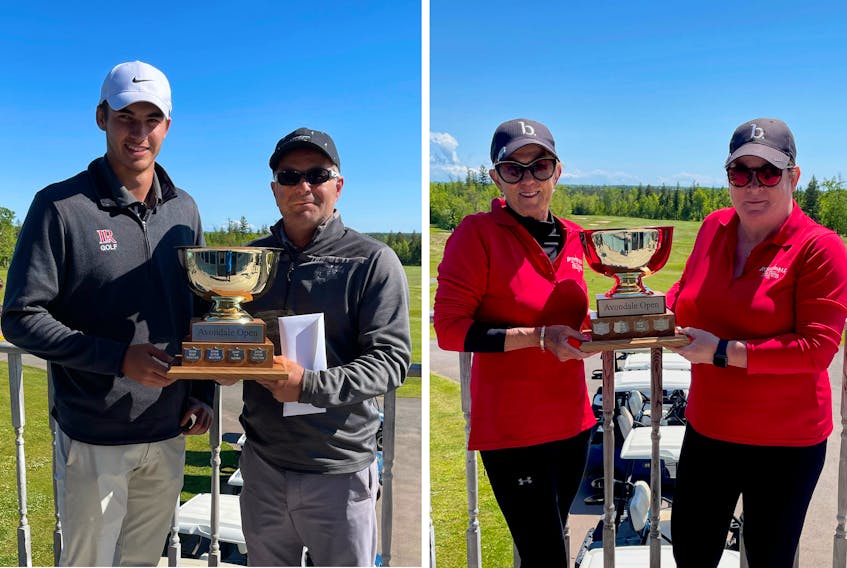 Tyler Hashmi, left, and Jamie Vessey earned the Championship Division of the Avondale Open on June 12 and 13 while Brenda McIIwaine, third from left, and Sherry White won the Ladies Division title.