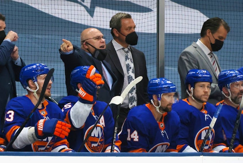 New York Islanders head coach Barry Trotz barks commands during the playoffs at the Nassau Coliseum.