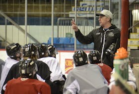 Jim Hulton goes over a drill with his Charlottetown Islanders during the 2020-21 Quebec Major Junior Hockey League season. He has been named the Ron Lapointe Trophy award winner for 2020-21 as Quebec Major Junior Hockey League coach of the year.