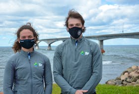 Former Team P.E.I. athletes Sarah MacEachern, left, and Logan MacDougall attended an outdoor event for the 2023 Canada Winter Games at the Marine Rail Historical Park in Borden-Carleton overlooking the Confederation Bridge on Thursday morning. P.E.I.’s two cities – Charlottetown and Summerside – were announced as municipal partners for the 18-day multi-sport event that will take place on P.E.I. from Feb. 18 to March 5.