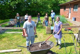 Valley Community Learning Association (VCLA) youth mentor and tutor Lucas Hatt and co-ordinator of experiential learning Tracy Horsman working in a recently-planted kitchen garden with other members of the VCLA team. KIRK STARRATT
