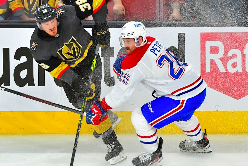 Golden Knights' Patrick Brown shoots the puck past Canadiens defenceman Jeff Petry during second period Wednesday night in Las Vegas. Petry’s eyes were freakishly bloodshot and photos and memes of him started popping up all over social media. Stu Cowan has all the details.