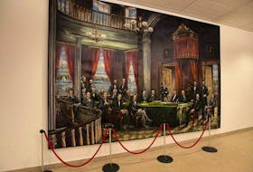 The Fathers of Confederation are depicted in a mural in one of the entrances to the shops of Confederation Court Mall in Charlottetown. 