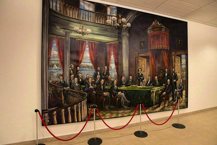 The Fathers of Confederation are depicted in a mural in one of the entrances to the shops of Confederation Court Mall in Charlottetown. 