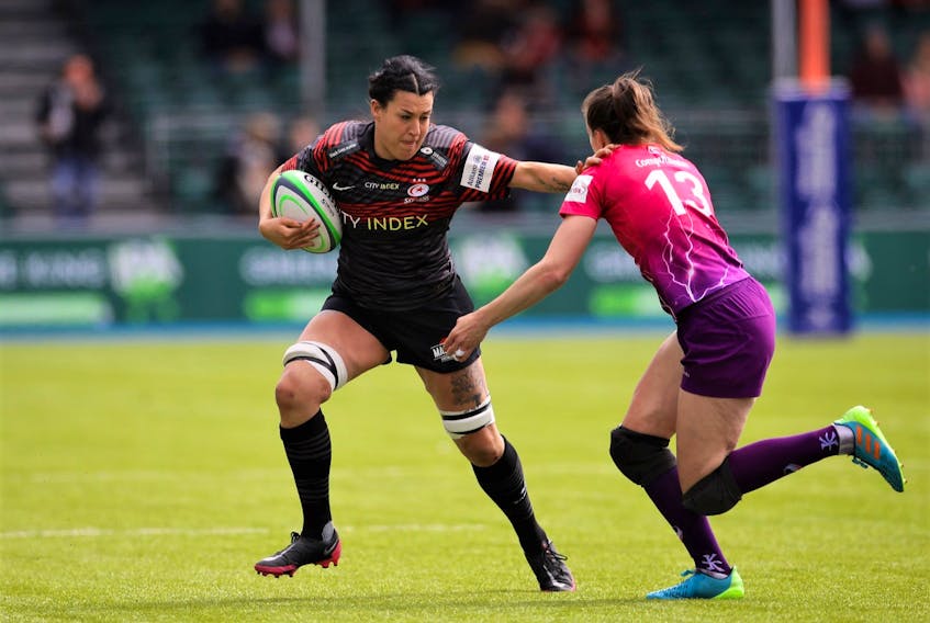 Emma Taylor pictured in recent England Premier 15s Professional League semi-final playoff action for the London Saracens. 