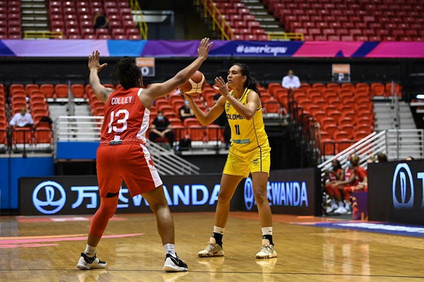 Shay Colley, originally from East Preston, guards Colombia's Yaneth Arias during a round-robin game Tuesday at the FIBA Women’s AmeriCup 2021 in Puerto Rico. Canada faces the host team in the tournament semifinal Friday night. - FIBA