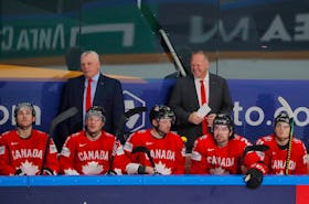 Head coach Gerard Gallant, right, and assistant coach Mike Kelly won gold with Team Canada at the world hockey championship in Latvia. Gallant is from Summerside while Kelly grew up in Shamrock and now lives in Charlottetown.
