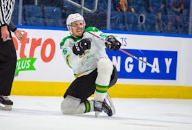 Val-d'Or Foreurs defenceman Xavier Bernard celebrates after scoring a goal in Game 4 of the Quebec Major Junior Hockey League final Tuesday in Quebec City.