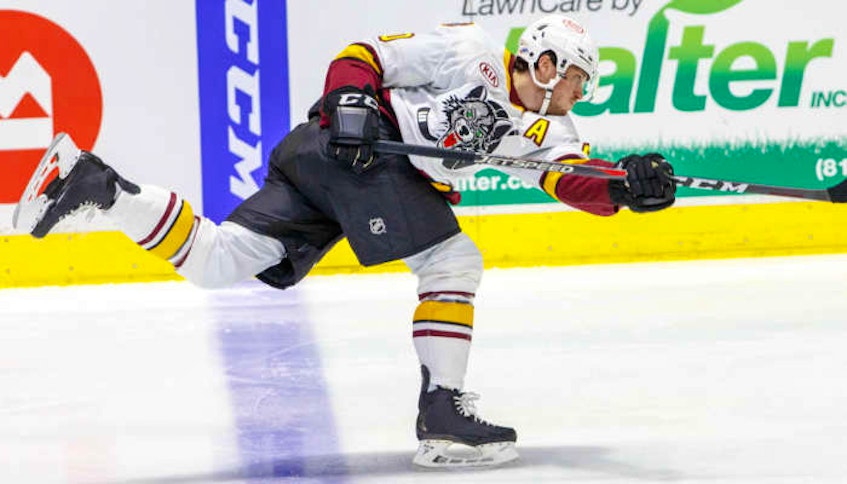 Cavan Fitzgerald, who played his under-18 hockey with the Cape Breton Unionized Tradesmen, takes a shot from the blueline during American Hockey League action with the Chicago Wolves during the 2020-21 season. Fitzgerald recently signed with the Carolina Hurricanes franchise. CONTRIBUTED • CHICAGO WOLVES - Contributed