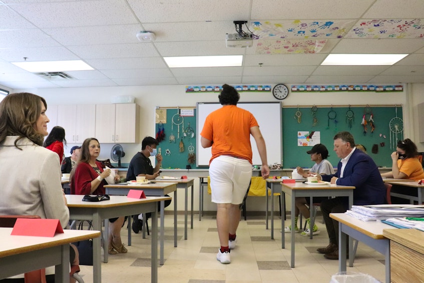 Officials, from left, Education Minister Natalie Jameson, Lennox Island Chief Darlene Bernard and Premier Dennis King were on hand for a recent presentation by the Indigenous studies class at Colonel Gray High School. - Logan MacLean