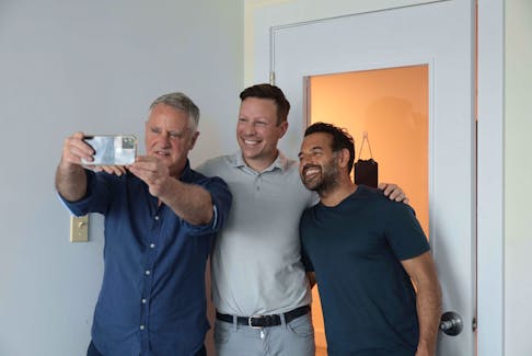 June 9, 2021--Photo of John DeMont with entrepreneur Ron Lovett, and his friend and business partner Shaun Majumder, for DeMont's column.
ERIC WYNNE/Chronicle Herald