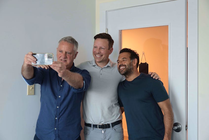 June 9, 2021--Photo of John DeMont with entrepreneur Ron Lovett, and his friend and business partner Shaun Majumder, for DeMont's column.
ERIC WYNNE/Chronicle Herald