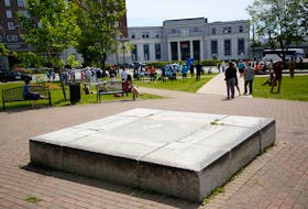 FOR NEWS STORY:
The empty pedestal where the Cornwallis statue once stood, is seen during a renaming ceremony of Peace and Friendship Park in Halifax Monday June 21, 2021. 


TIM KROCHAK PHOTO