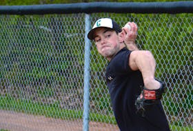 Jordan Stevenson of the Charlottetown Gaudet’s Auto Body Islanders throws a pitch during a bullpen session at a recent practice at Memorial Field in Charlottetown.