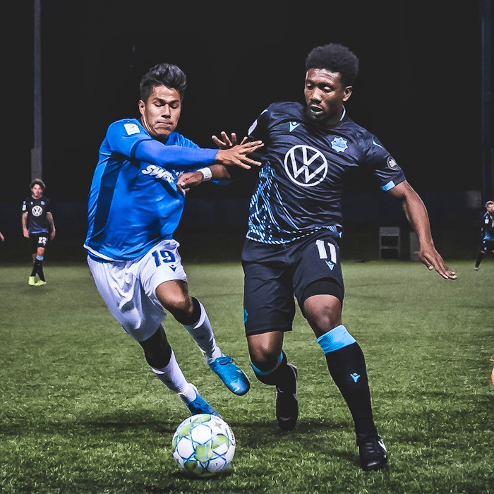 Akeem Garcia of the HFX Wanderers battles with FC Edmonton's Easton Ongaro during action last season in Charlottetown. The two forwards are tied with former Forge FC star Tristan Borges as the Canadian Premier League’s all-time leading scorer with 13 goals. - HFX Wanderers