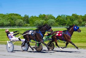 Accelerator, right, with driver Greg Sparling, fends off a late challenge from Johnnie Jack and driver Ryan Campbell to win in 1:59.1 Saturday afternoon at Northside Downs. CONTRIBUTED • TANYA ROMEO