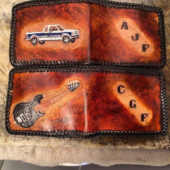 Colleen Moffatt says customers send her photos of their prized possessions, like a guitar or truck, and she carves them into leather.  - Contributed