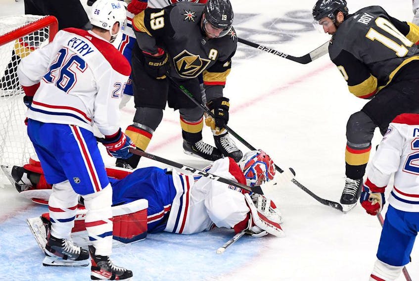 Carey Price #31 of the Montreal Canadiens makes the save against Reilly Smith #19 of the Vegas Golden Knights during the third period in Game Five of the Stanley Cup Semifinals of the 2021 Stanley Cup Playoffs at T-Mobile Arena on June 22, 2021 in Las Vegas, Nevada.