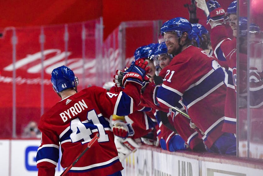Montreal Canadiens forward Paul Byron (41) reacts with teammates after scoring a goal against the Vegas Golden Knights.