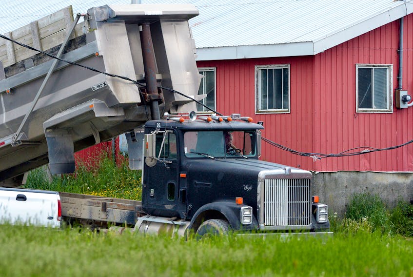 A dump truck pulled down electrical wires at a St. John's farm Wednesday night, temporarily trapping the driver. Keith Gosse/The Telegram