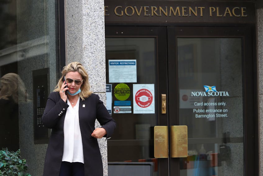 Cumberland North PC MLA Elizabeth Smith-McCrossin stands outside One Government Place in downtown Halifax on Wednesday morning, June 23, 2021, hoping to meet with Nova Scotia Premier Iain Rankin to convince him to lift travel restrictions between the province and New Brunswick. - Tim Krochak Photo
