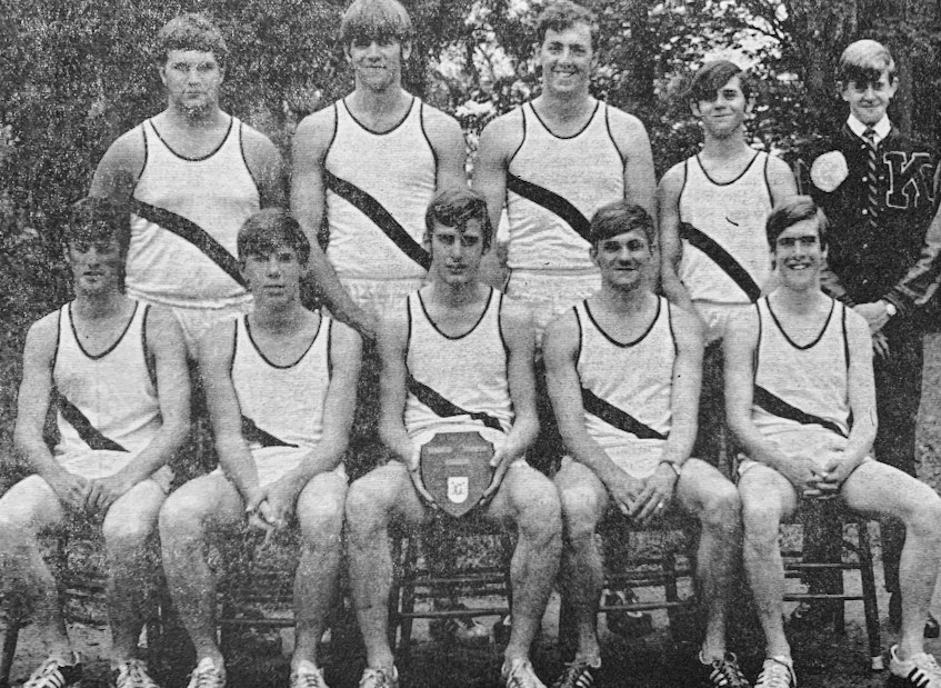 In 1971, the King’s College School’s track and field team won, for the eighth consecutive year, the Nova Scotia A Senior Championships. Pictured are, from left, back row: Blaine Wilson, Michael MacDonald, Mike Bugden, Gregory Rushton and Ian Young; front row: Dave Keith, Frank Scott, James Everett, Brian Wilson and T. Stanfield. - File Photo