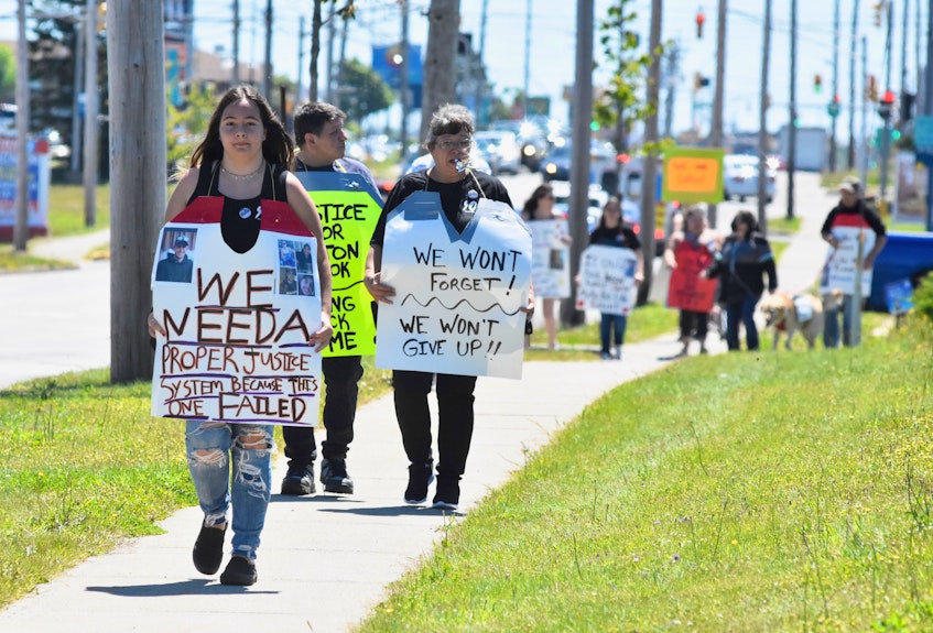 A June 24 noon-hour walk was held to honour Colton Cook, who was murdered in September 2020, and Zack Lefave, who went missing on Jan. 1, 2021. Family and friends want to keep the young men on the minds of the public. TINA COMEAU • TRICOUNTY VANGUARD - Tina Comeau