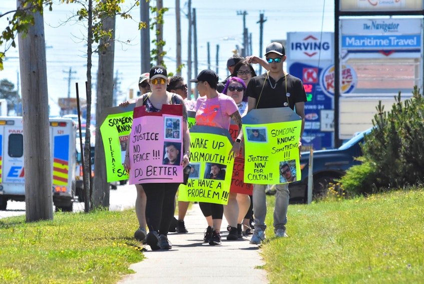 A June 24 noon-hour walk was held to honour Colton Cook, who was murdered in September 2020, and Zack Lefave, who went missing on Jan. 1, 2021. Families and friends want to keep the young men on the minds of the public. TINA COMEAU • TRICOUNTY VANGUARD - Tina Comeau