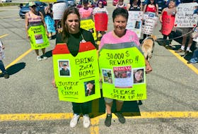 Stacey Cook (left), the mother of Colton Cook, stands with Lorna Lefave, the mother of Zack Lefave, prior to a June 24 noon-hour walk to honour Cook, who was murdered in September 2020, and Lefave, who went missing on Jan. 1, 2021. The families want to keep the men's on the minds of the public. TINA COMEAU • TRICOUNTY VANGUARD