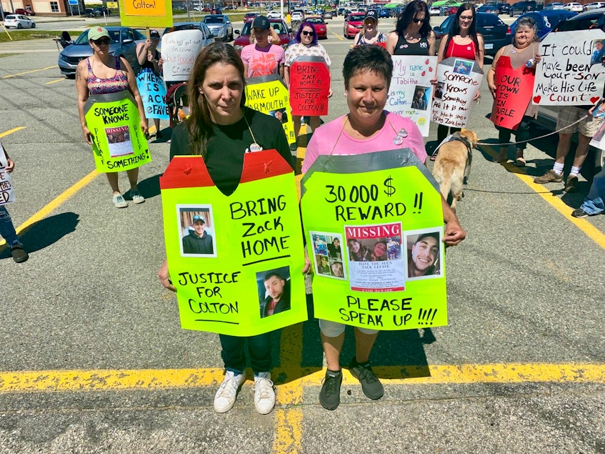 Stacey Cook (left), the mother of Colton Cook, stands with Lorna Lefave, the mother of Zack Lefave, prior to a June 24 noon-hour walk to honour Cook, who was murdered in September 2020, and Lefave, who went missing on Jan. 1, 2021. The families want to keep the men's on the minds of the public. TINA COMEAU • TRICOUNTY VANGUARD