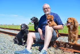 Former reality television contestant Richard Hatch, winner of the first "Survivor" series in 2000, relaxes in a field in Sydney in June 2017 with his dogs. Currently 11 of the more than 20 properties Hatch snapped up across the Cape Breton Regional Municipality during earlier municipal property sales are featured in the current CBRM tax sale. Sharon Montgomery-Dupe • Cape Breton Post