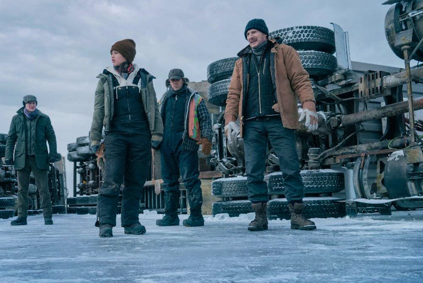 From left, Benjamin Walker, Amber Midthunder, Marcus Thomas and Liam Neeson in The Ice Road