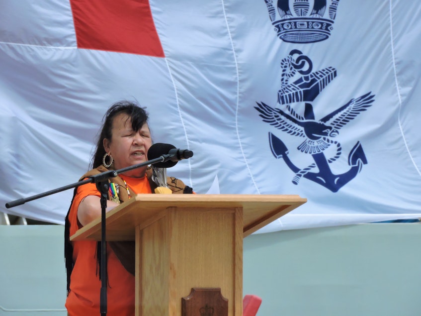 Honorary Captain and Mi'kmaw elder Debbie Eisan delivers an Indigenous land acknowledgement and prayer at the commissioning ceremony for HMCS Harry DeWolf on Saturday. - Stephen Cooke