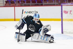 Buffalo Beauts goaltender Carly Jackson makes a save in Lake Placid, N.Y., Feb. 1, 2021. — Michelle Jay photo