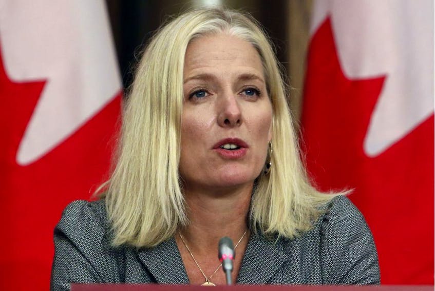 Catherine McKenna, Canada's infrastructure and communities minister, speaks during a news conference in Ottawa in October 2020. 