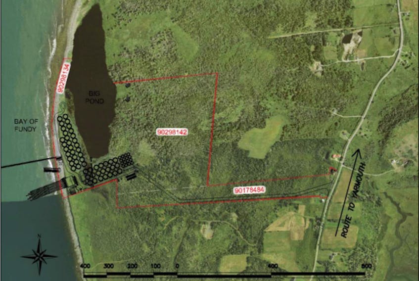 Three adjacent land parcels tagged for a proposed salmon farm in Chebogue Point were purchased in March 2021.