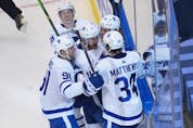  The Leafs’ big four of (clockwise from left) John Tavares, Mitch Marner, William Nylander and Auston Matthews surround teaamate Zach Hyman in a goal celebration. Shanahan says not to expect any of the Core 4 to be traded. USA TODAY SPORTS
